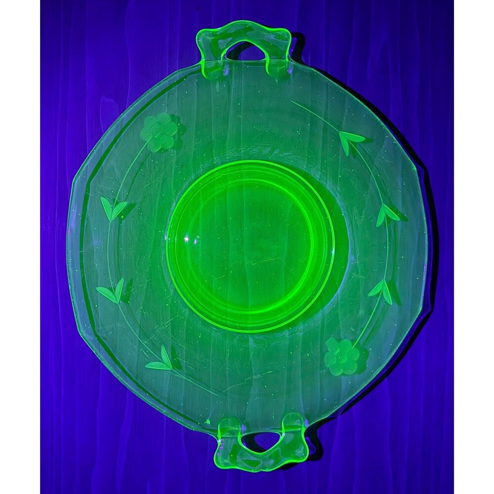 Glowing Green Uranium Glass – 1940s‎ Etched Floral Serving Plate with Handles